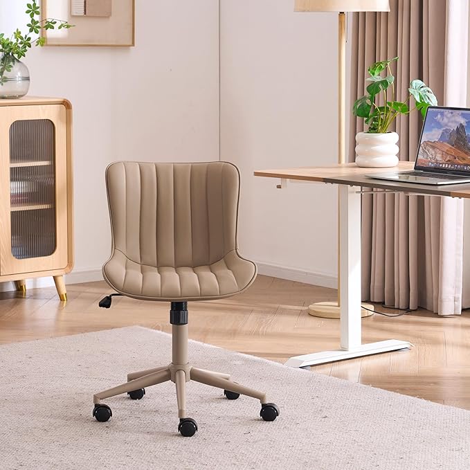YOUNIKE Home Office Desk Chair with Wheels Armless Vanity Chair with Back Comfy Modern Leather Upholstered Rolling Task Chair Swivel Small Cute Sewing Chair No Arms Wide Adjustable Ergonomic All Khaki