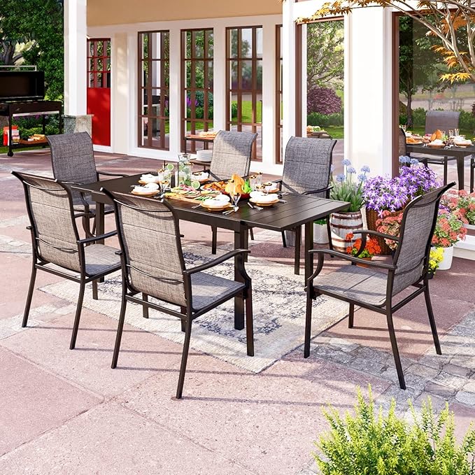 PHI VILLA 7 Piece Outdoor Dining Set, Patio Table and Chair Set with Expandable Metal Steel Table & Extra Large High Back Armrest Dining Chairs for Patio, Deck, Yard