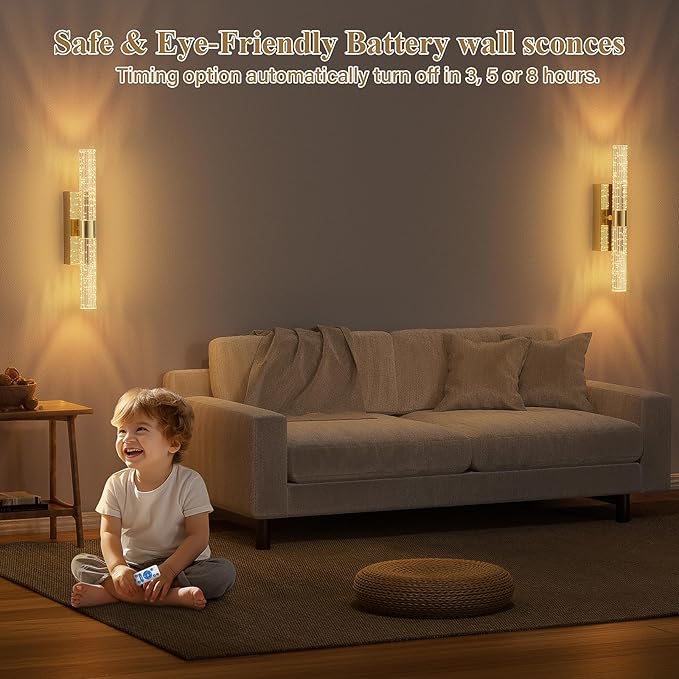 Battery Operated Gold Wall Sconces Set of 2 Rechargeable Battery Powered Wall Light with 12000mAh Not Hardwired Dimmable Wall Lamp Fixtures for Bedroom Living Room 15.3 Inches