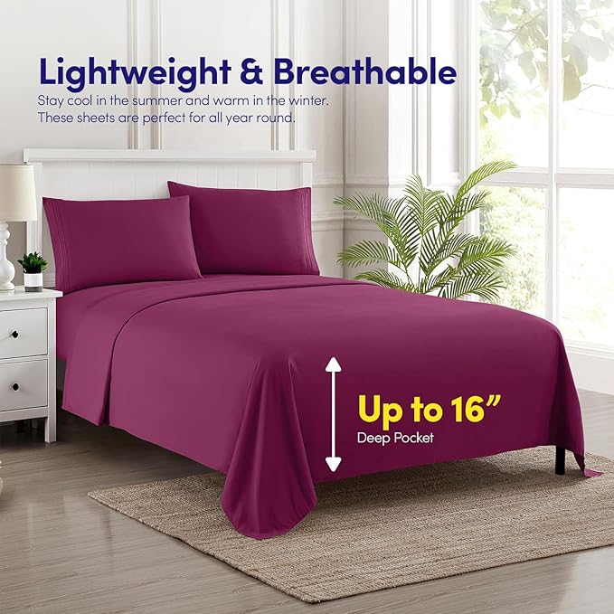 1500 Supreme Collection King Sheet Sets Berry Purple - Luxury Hotel Bed Sheets and Pillowcase Set for King Mattress - Extra Soft, Elastic Corner Straps, Deep Pocket Sheets, King Berry Purple