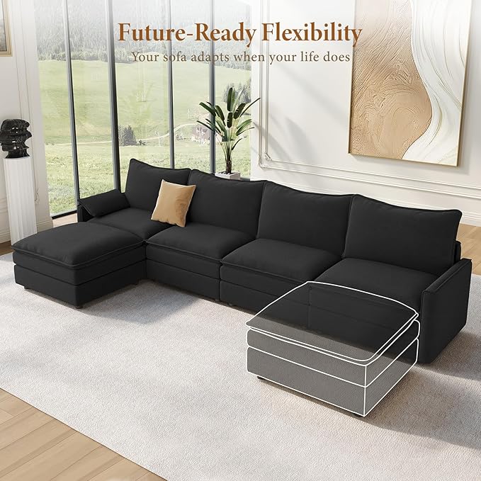 Vesgantti 142" Cloud Couch Sectional Modular Sofa, Comfy Sectional Couch with Ottoman Deep Seat Chenille L Shaped Sofa, Modular Couches for Living Room, Bedroom and Apartment, Black