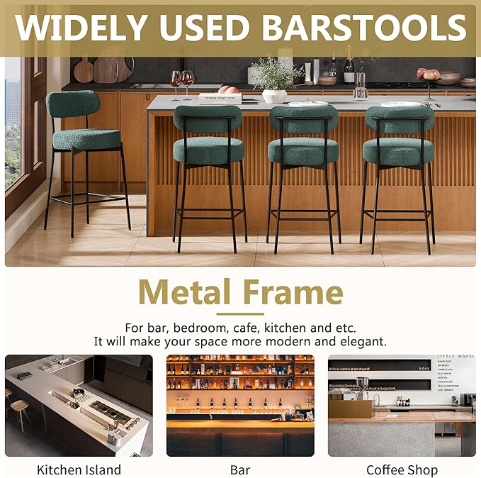 DYHOME Bar Stools Set of 4, 24 Inches Modern Counter Height Bar Stools with Curved Back Metal Legs, Green Upholstered Boucle Barstools for Kitchen Island, Cafe