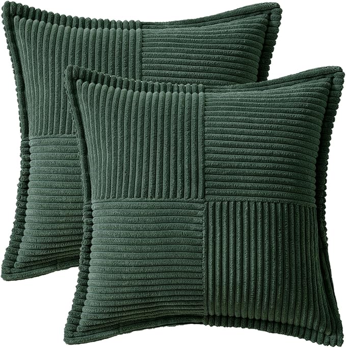 MIULEE Christmas Decorative Throw Pillow Covers for Couch Bed Livingroom 18x18 Inch Set of 2 Dark Green Boho Accent Throw Pllows Broadside Striped Patchwork Soft Corduroy Pillowcases