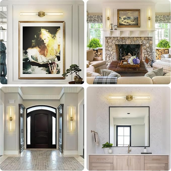 30" Bathroom Wall Sconce, Brass Wall Sconces Hardwired, Gold Wall Sconce Dimmable, Knurled Linear Sconces Wall Lighting with Glass Tube, Vanity Light for Bathroom, Living Room, Bedroom