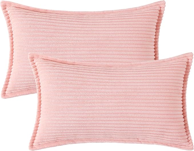 Mecatny Corduroy Throw Pillow Covers 12x20 Set of 2, Neutral Decorative Soft Boho Lumbar Couch Pillow Covers with Broadside for Sofa Living Room, Pink
