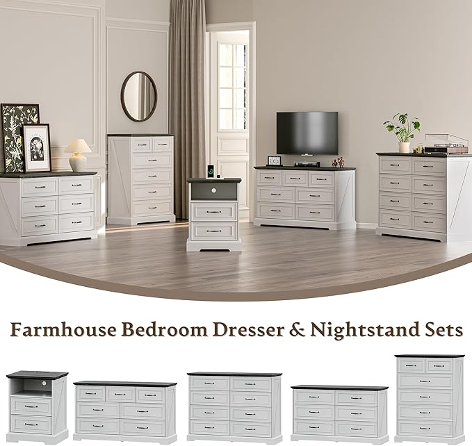 Farmhouse 6 Drawers Dresser for Bedroom, 48" Wide Modern Chest of Drawers with Deep Drawers & Bar Handles, Rustic Wood Dresser TV Stand, Wooden Closet Storage Organizer for Living Room, Hallway, White