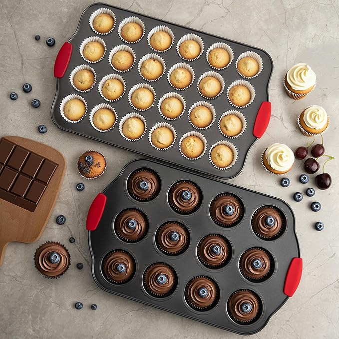 Tiawudi Muffin Pan, Nonstick Cupcake Pan Set, 2 Pack Heavy Duty Muffin Tins for Baking, 12-Cup Regular and 24-Cup Mini Bareware Tray with Silicone Grip Handles