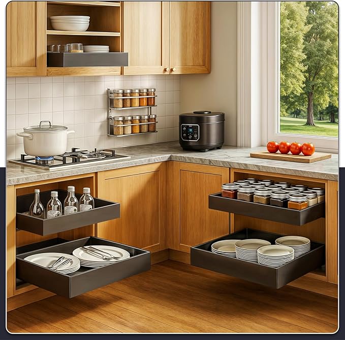Pull Out Cabinet Organizer – Adjustable Sliding Shelf Inserts for Cabinets - Expandable Shelf Organizer from 12.6" to 20.5" – No Drill or Screw Install (Black, 1 Pack)