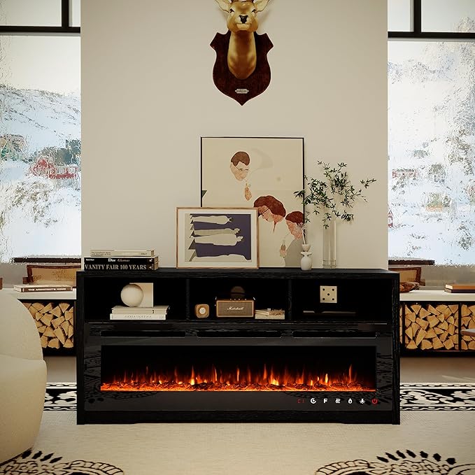 CharaVector 63" TV Stand for 60" Electric Fireplace, Entertainment Center with Power Outlets for 65+ inch TV,Black TV Cabinet with 3 Open Storage Cabinets, TV Console for Living Room (ONLY TV Stand)