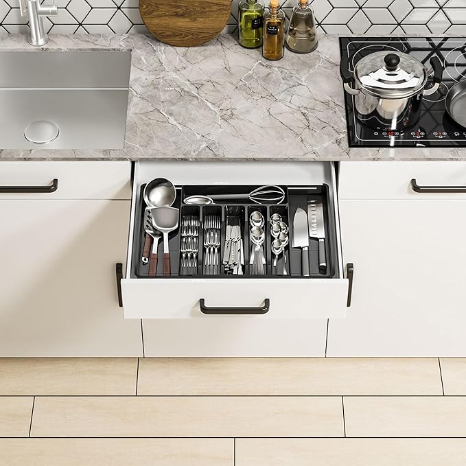 Silverware Drawer Organizer, Expandable Utensil Tray for Kitchen Drawers, BPA Free Flatware and Cutlery Holder, Adjustable Plastic Storage for Utensil like Spoons, Forks, Knives.Black