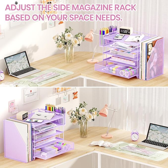 Desk Organizers and Accessories with File Holder, 5-Tier Office Desk Accessories & Workspace Desktop Organizer with Drawer and 2 Pen Holder, File Paper Organizer for Office Supplies(Purple)