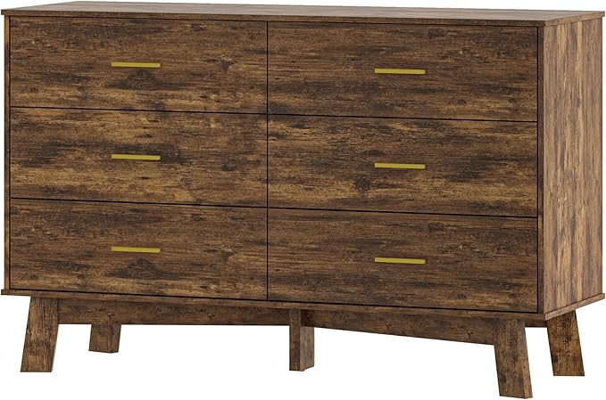 Dresser for Bedroom with 6-Drawer, 47.3" Modern Chest of Drawers with Metal Handles, X-Shape Base & Adjustable Center Leg, Anti-Tip Closet Organizers and Storage