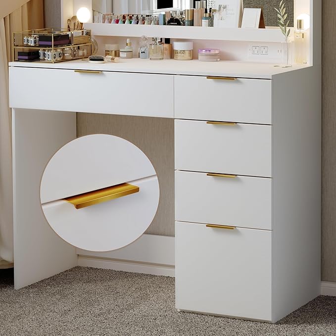 Makeup Vanity Desk with Large Mirror and 13 LED Lights, 39.3in Vanity Table with Power Outlet & 5 Drawers, 3 Lighting Color Adjustable, Vanity Desk for Bedroom and Dressing Room, White