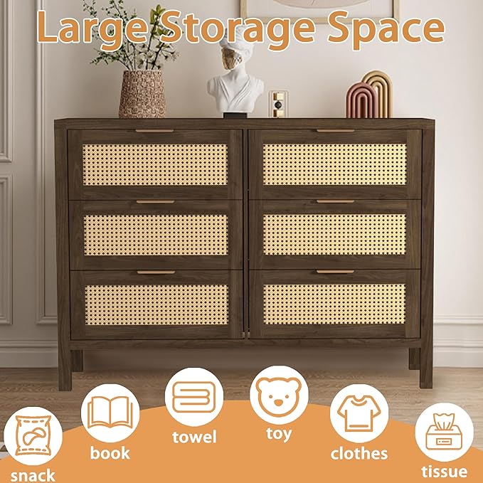 Wood 6 Dresser for Bedroom, Wide Rattan Drawer with Gold Handle for Bed Room, Hallway, Brown Oak
