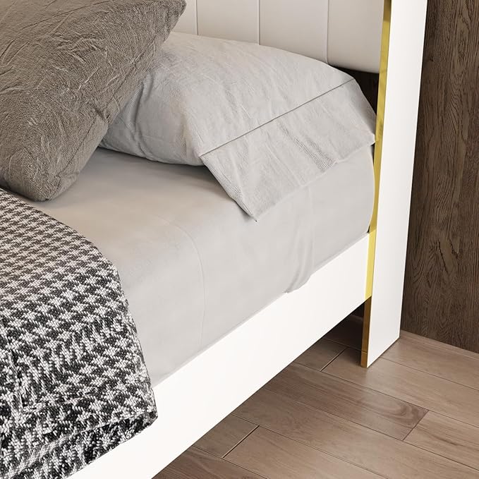 WOODTIME Queen Size Platform Bed Frame with Upholstered Heaboard, Modern Solid Wood Slat Support, Metal Legs, No Box Spring Needed, Easy Assembly, White