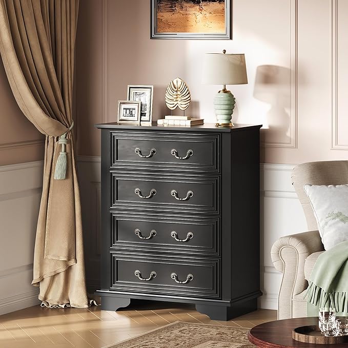 WLIVE Farmhouse Dresser for Bedroom, Tall Wood Dresser with 4 Drawers, Chest of Drawers with Roman Metal Handle for Living Room, Hallway, Closet, Black