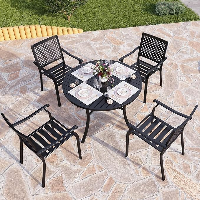 PHI VILLA 5 Pieces Outdoor Round Dining Set for 4, Steel Circle Table with Umbrella Hole & Stacking Wrought Iron Chairs, Morden Dining Furniture Set for Patio, Deck, Yard, Porch