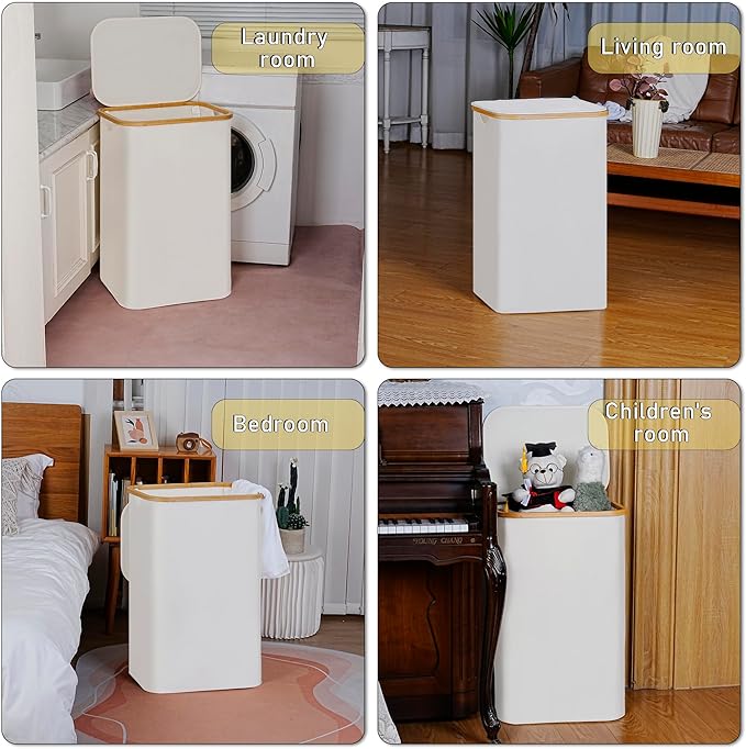 100L Laundry Hamper with Lid, Lagre Basket with Bamboo Handles,Foldable Clothes Hamper Tall Dirty Laundry Basket for Clothes Toys Towels Organizing,Beige
