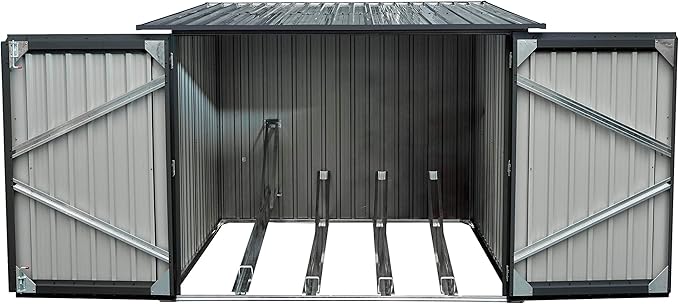 Hanover Bicycle Outdoor Steel Storage Shed with Slope Roof and Twist Lock and Key, Stores 4 Bikes, Dark Gray Outside Storage Shed House, Rust Resistant and Modern Shed with Adjustable Bike Tracks