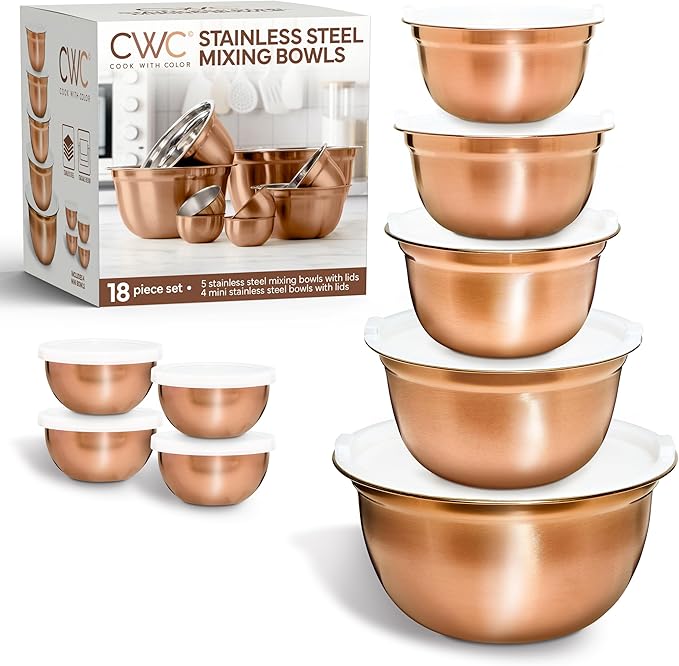 COOK WITH COLOR 18 Piece Mixing Bowls Set with Airtight Lids, Stainless Steel Bowl Organizers, Food Storage Containers, Meal Prep, Nesting Salad Bowls For Cooking, Baking, Kitchen Use, Copper