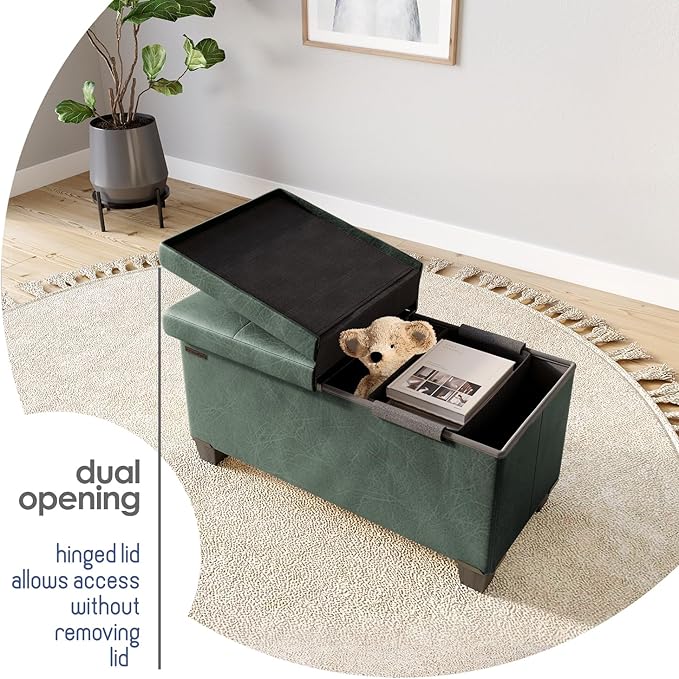 STORAGEBUD Storage Ottoman Bench with Bins, 30-in Storage Bench for Bedroom End of Bed, Folding Foot Rest Ottoman for Living Room Max 660lbs, Faux Leather Ottomans, Green
