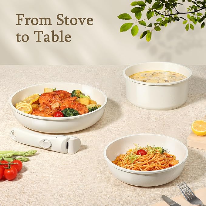 GiPP Ceramic Pots and Pans Set Non Stick, Nonstick Detachable Handle Cookware Sets, Healthy Non Toxic PFAS PFOA & PTFE Free, Dishwasher &Oven Safe, Induction Kitchen Pot and Pan, 15 Piece Cream