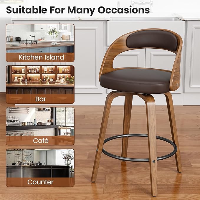 Swivel Bar Stools Set of 2, 26" Counter Height Bentwood Barstool, Mid-Century Modern PU Leather Upholstered Bar Chair with Back and Footrest, for Kitchen Island, Bar, Cafe, Dining Room, Brown