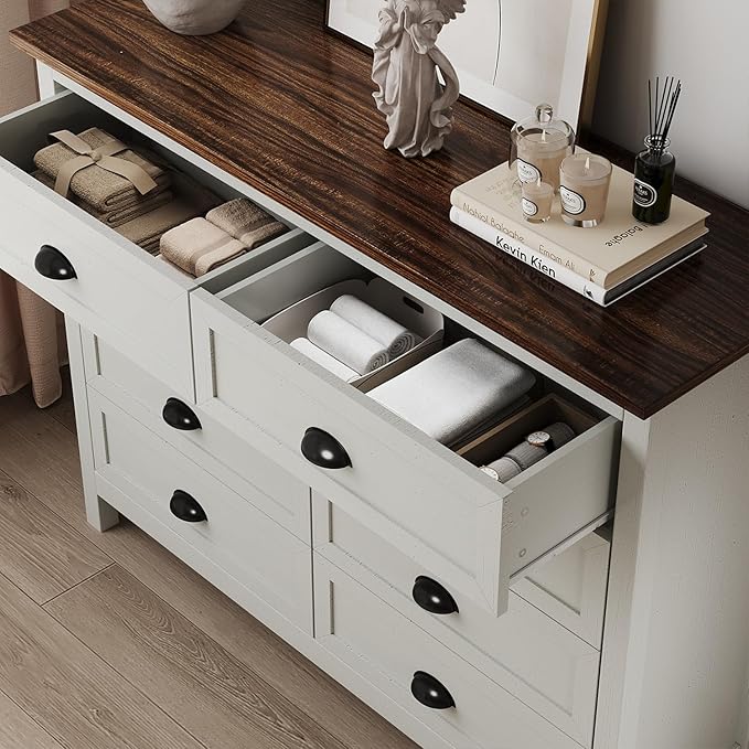 Farmhouse White Dresser for Bedroom, Wide Wood Dressers & Chests of Drawers, Modern 8 Drawer Double Dresser for Bedroom with Vintage Black Handle, 8 Drawer Dressers for Hallway, Antique White