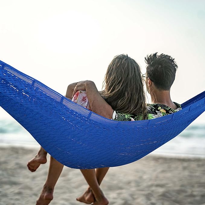 Lazy Daze Hammocks Handwoven Mayan Hammock, 10.5 FT Soft Rope Double Hammocks, Portable Outdoor Hammock with Carry Bag, 2 Straps & carabiners for Patio Outside, 550 lbs Weight Capacity, Blue