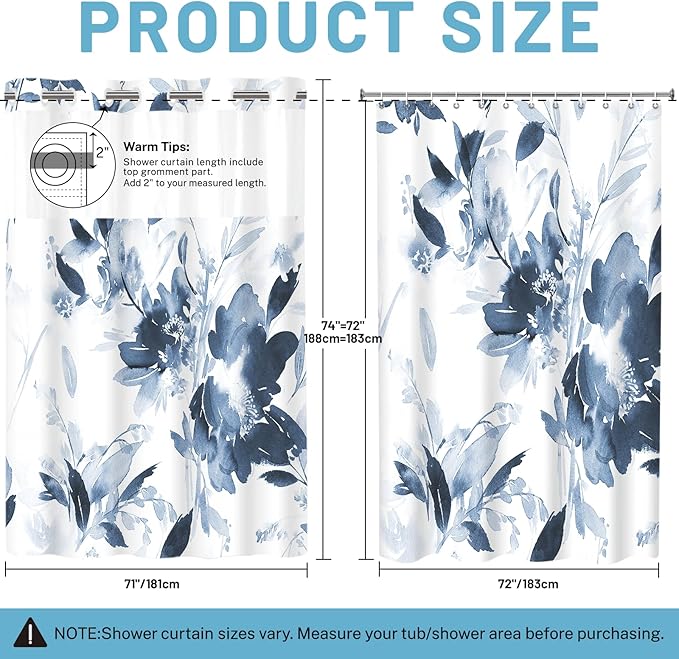 No Hook Shower Curtain with Snap in Liner - Floral Shower Curtain - Fabric Waterproof Inner Liner, Plants Navy Blue Flowers Modern Cloth Shower Curtains - Machine Washable, 71 x 74