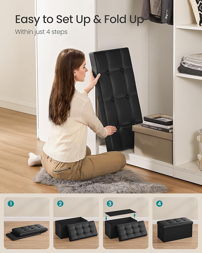 SONGMICS MAZIE Collection-30 Inches Folding Bench Ottoman with Storage, Foot Rest Stool, Load 660 lb, for Living Room, Synthetic Leather, Black ULSF105, 15" D x 30" W x 15" H