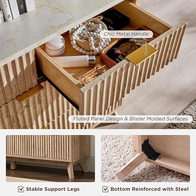 T4TREAM Fluted 7 Drawers Dresser, 54" Wide Modern Chest of Drawers with Faux Marble Top, Curved Profile Design, Dresser TV Stand, Wood Drawer Organizer for Bedroom, Living Room, Hallway, Natural Oak