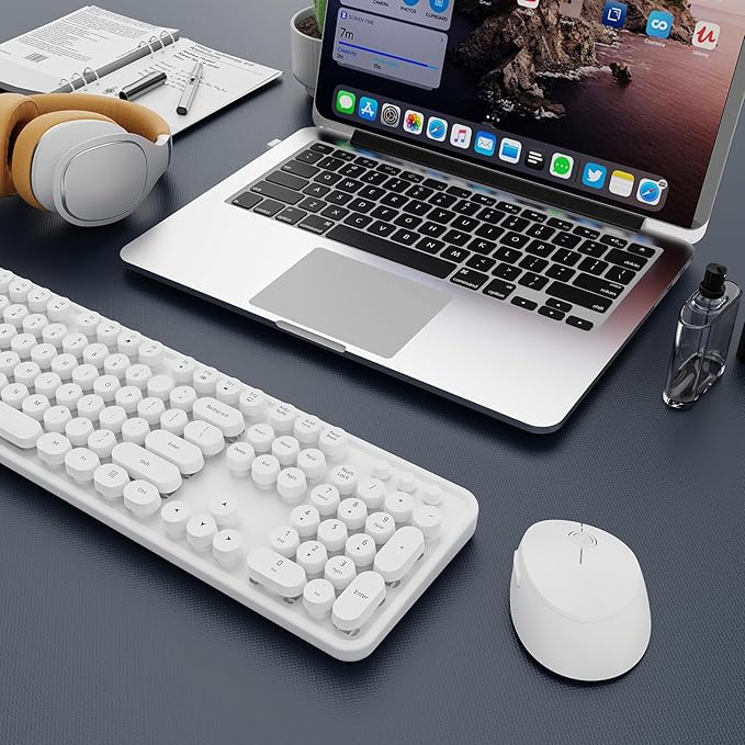 Wireless Keyboard and Mouse Combo, Ergonomic Full Size Typewriter Retro Round Keycaps Keyboard, Compatible with Windows, PC, Perfer for Home and Office Keyboards(White)