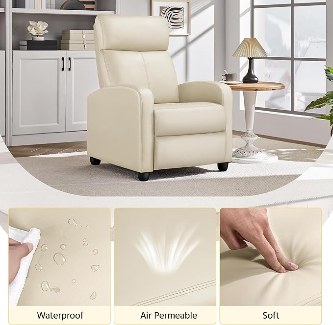 Yaheetech Recliner Chair PU Leather Recliner Sofa Home Theater Seating Adjustable Modern Single Reclining Chair Sofa with Pocket Spring Living Room Bedroom Beige