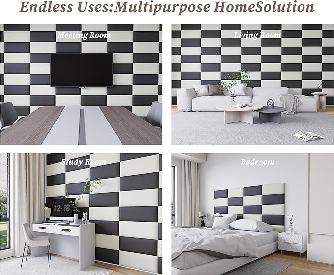 Leather Black and White Upholstered Queen Headboard, 12PCS Peel and Stick Wall Panels, Tufted Bed Backboard for Modern Wall Beds, 10"x24" Each, Leather - Black and White