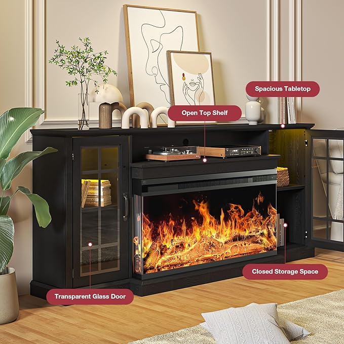 oneinmil 36 Inch 3-Sided Glass Fireplace TV Stand for TVs up to 80", Rustic Media Entertainment Center Console Table with Glass Door Closed Storage, Set of TV Table, Black