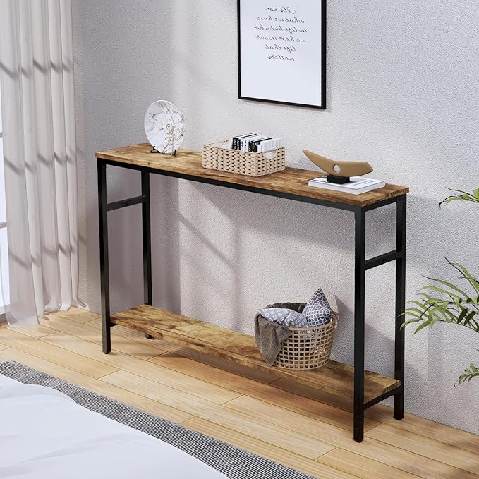 Narrow Console Table, 47 Inch Sofa Table with Adjustable Shelf, 2-Tier Long Skinny Table for Hallway, Entryway, Living Room, Foyer, Rustic Brown