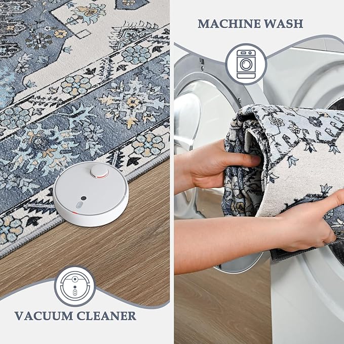 Vintage Area Rug 5x8 Rugs, Machine Washable Vintage Area Rug Non-Slip Low Pile Large Rug for Living Room, Bedroom, Farmhouse, Dining Room, Blue