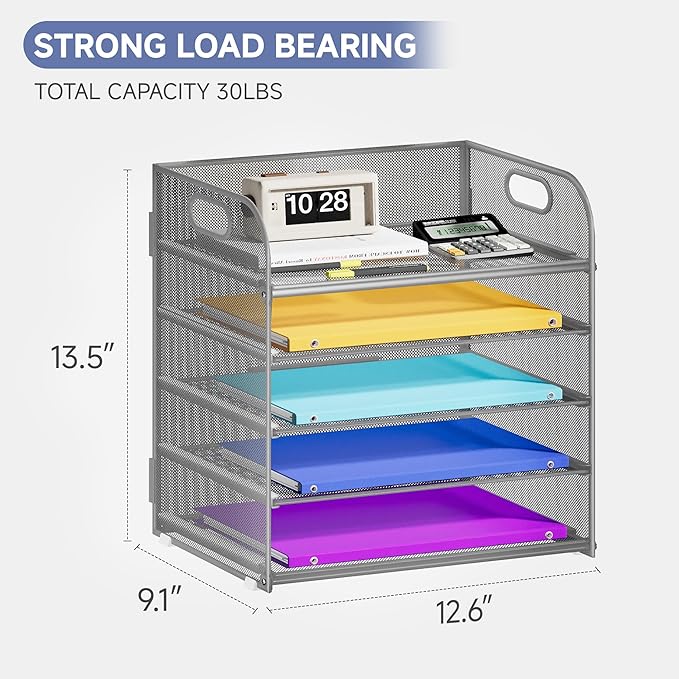 5 Tier Paper Organizer with Handle, Metal Mesh Desk Organizer File Folder Paper Letter Tray Desktop Document Sorter for Classroom, School, Office Accessories Organization and Storage - Silver