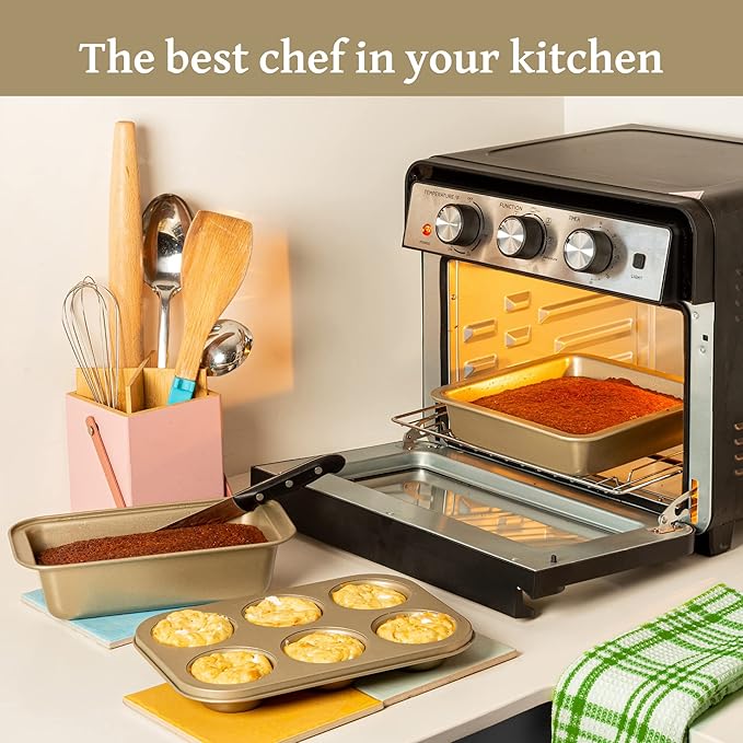 Moss & Stone 5 Piece Baking Pans Set, Carbon Steel Non-Stick PTFE Coating Oven Safe Baking Sheet Set, Bakeware Set With Heat Red Glove, Cookie Sheets For Baking Nonstick Set