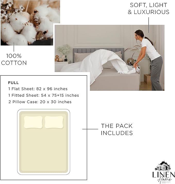 Linen Home 100% Cotton Percale Sheets Full Size, Cream, Deep Pocket, 4 Pieces Set - 1 Flat, 1 Deep Pocket Fitted Sheet and 2 Pillowcases, Crisp Cool and Strong Bed Linen