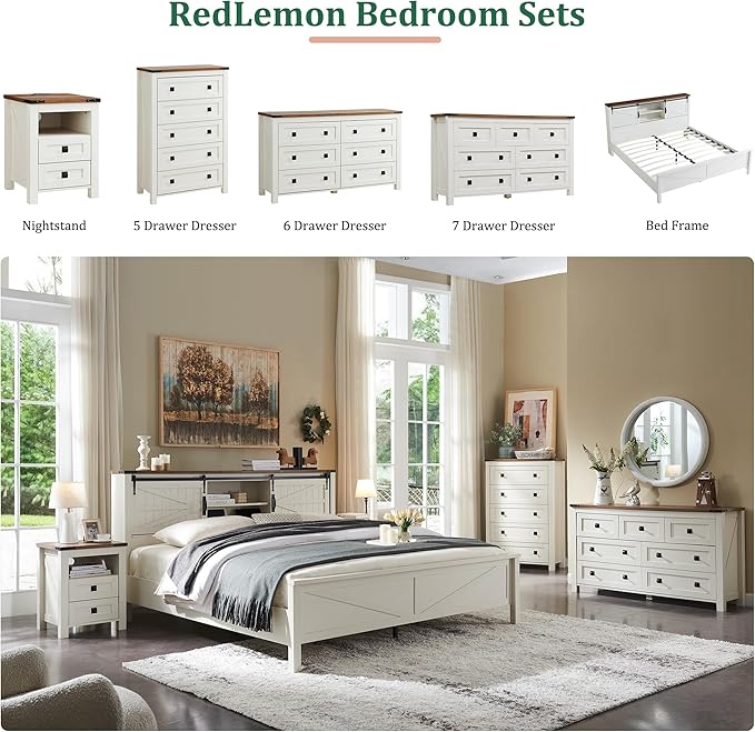 RedLemon Farmhouse 5 Drawer Dresser, 48" Tall Rustic Chest of Drawers, Wood Dresser for Bedroom, Living Room, Hallway, Antique White