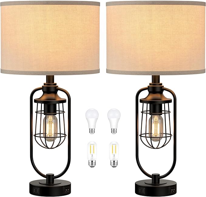 24" Farmhouse Table Lamps for Living Room Set of 2, Black Rustic Lamps for Night Stands with USB Ports, Industrial Bedside Lamp for Bedroom End Tables, Bulbs Included