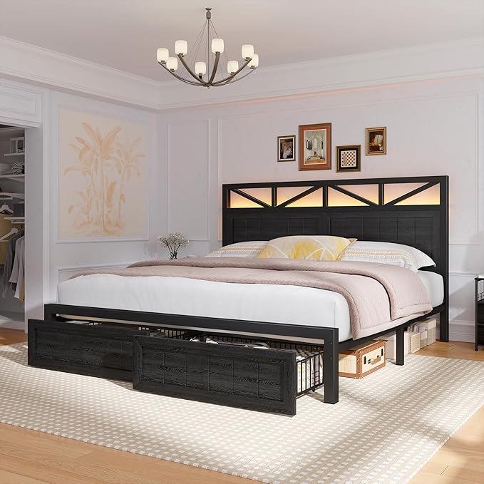 EnHomee Full Size Bed Frame with 2 Storage Drawers and Headboard Built in Charging Station & LED Light,NO Noise,No Box Spring Needed,Black