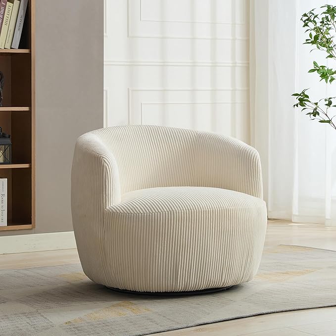 Aoiy & Wifon 34.25" W Swivel Barrel Chair, Upholstered Round Small Accent Chair, Single Comfy Barrel Chair for Living Room, Corduroy, Ivory