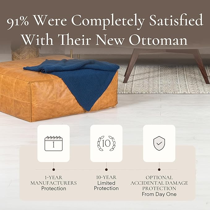 Poly & Bark Porto Ottoman – 37" Pentagon Pouf with Feather-Down Topper – Full-Grain Leather Upholstered Pouf Ottoman for Living Room – Vintage Italian Leather in Cognac Tan