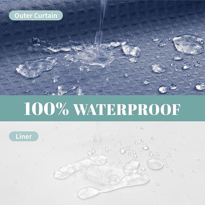 MoonLightBlue No Hook Waffle Weave Shower Curtain with snap-in Liner Replacement, 230GSM Waterproof Fabric Hotel Shower Curtain Set for Bathroom, Through Mesh Top Window,54Wx80H