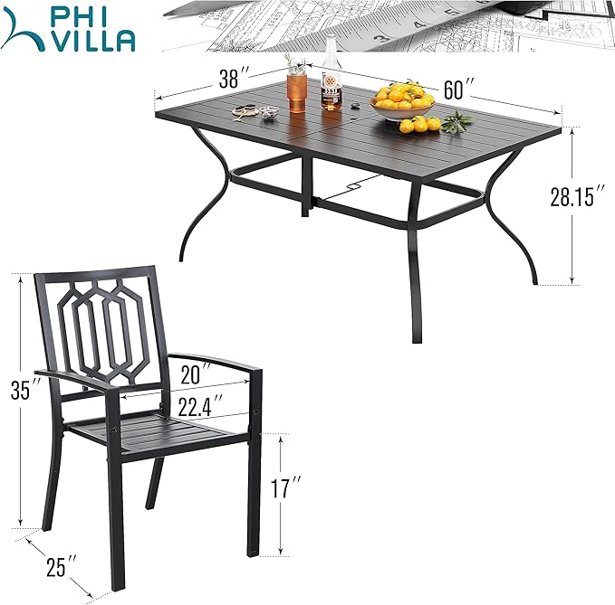 PHI VILLA 7 Pieces Patio Dining Set, Outdoor Dining Table Set for 7 with Stackable Patio Dining Chairs, Patio Table and Chairs Set for Outsides, Black Style 2