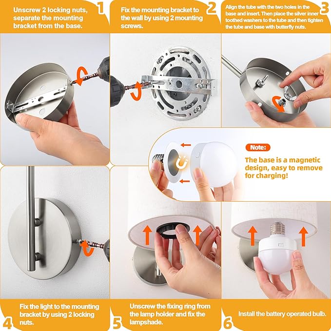 Battery Operated Wall Sconce Set of 2, Brushed Nickel Rechargeable Dimmable Wall Light Fixture Remote, 12 RGB Colors & Timer, Wireless Lamp White Shade