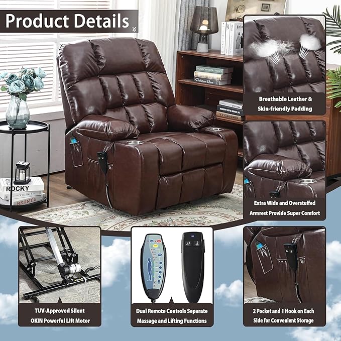 Heavy Duty Recliner Chairs with Cup Holders for Adults Big and Tall, Oversized Power Recliner Lift Chair for Elderly, Heat and Massage, Stand Up, Lay Flat 160 Degree Sleeping